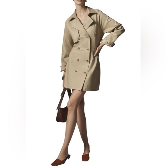 Mare Mare X Anthropologie Double Breasted Trench Coat Dress L Tan NWT Fisherman - Picture 4 of 15